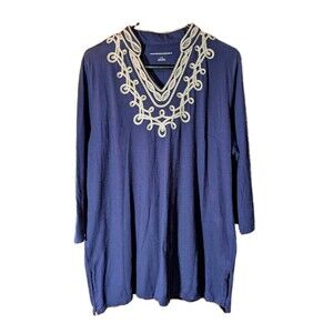 Allison Daley Womens L Coastal Sequin Grandma Navy Blouse 100% Cotton